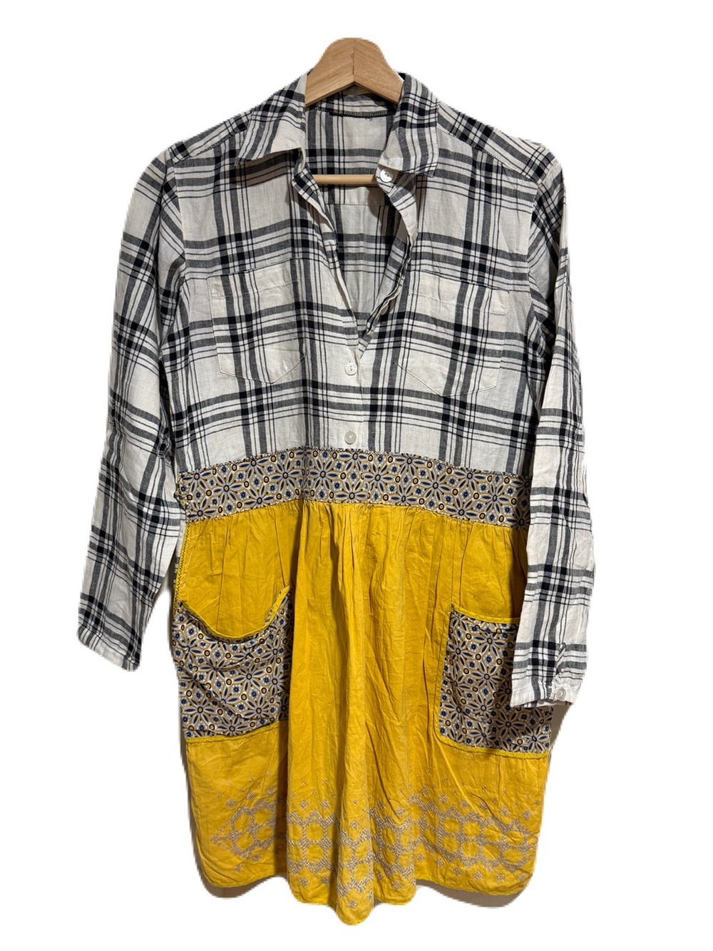 Jones Jeans Plaid Patchwork Tunic Dress with Mustard Yellow Skirt